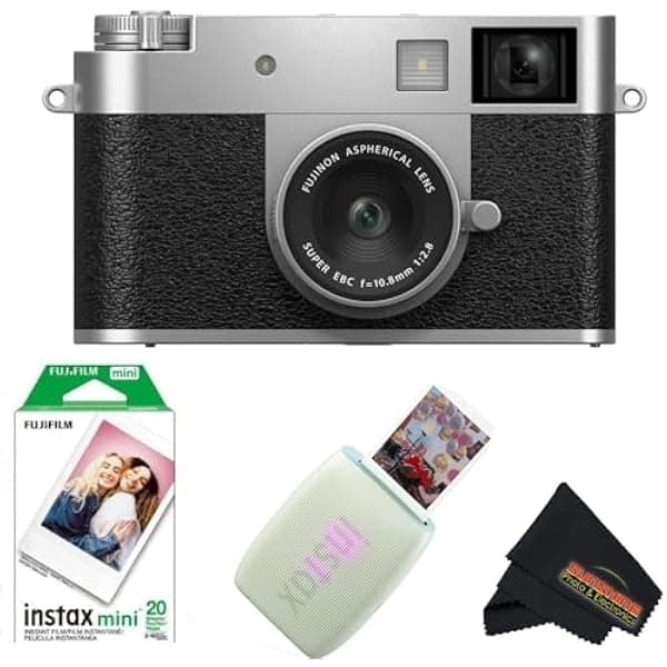 Fujifilm X Half FUJI-HALFX Cámara Digital con Impresora para Smartphone Instax Mini Link 3 y Paño Microfibra + 20 Hojas (Plata, Verde Salvia)