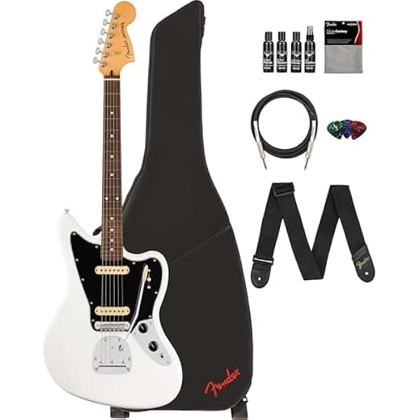 Fender Player II Jaguar Guitarra Eléctrica Blanco Polar: paquete con funda, correa, cuerdas, cable, uñetas y DVD Austin Bazaar