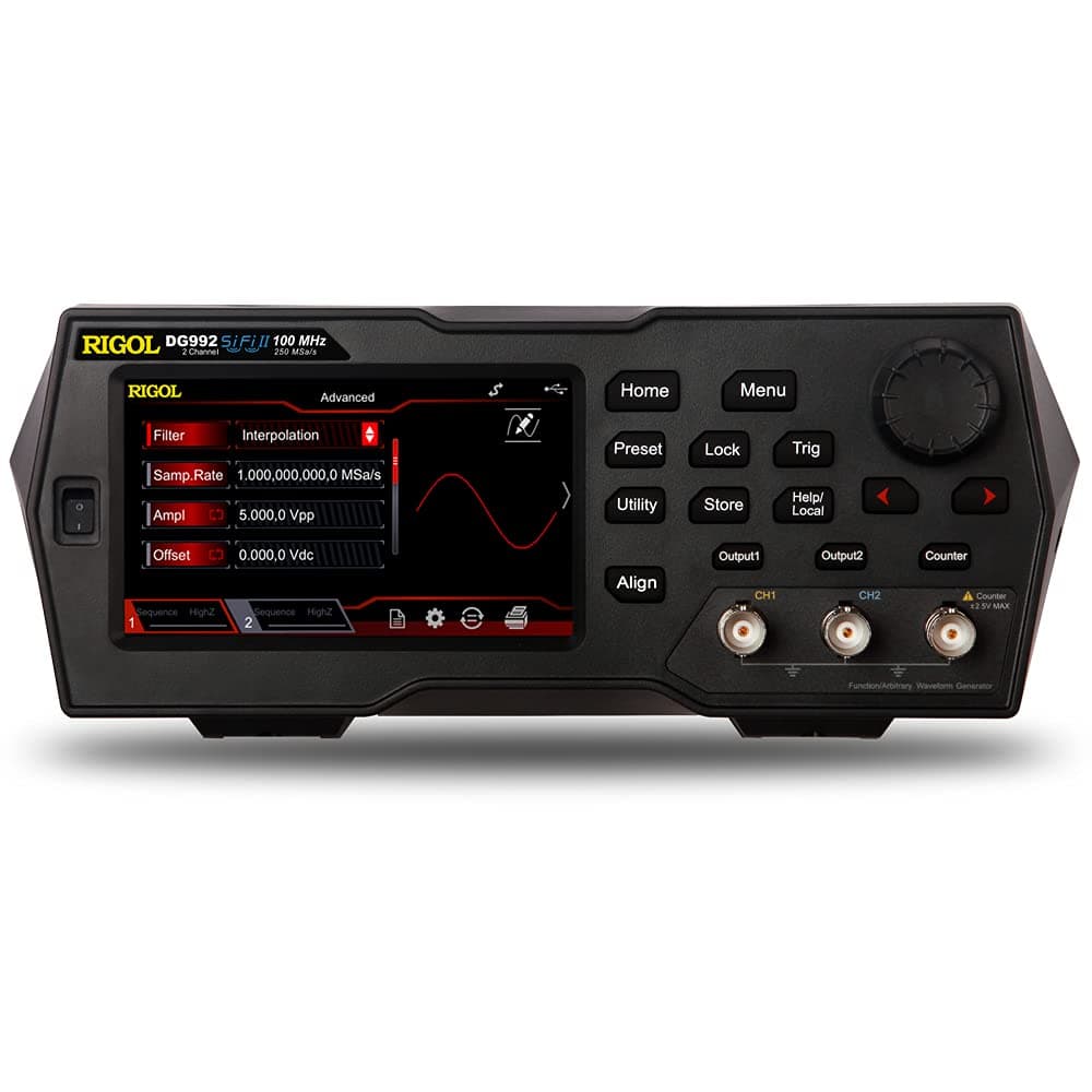 Rigol DG992 Generador de Funciones/Arbitrario 100 MHz, 250 MSa/s, 2 canales, 16 Mpts, 16 bits, pantalla táctil TFT 4.3"