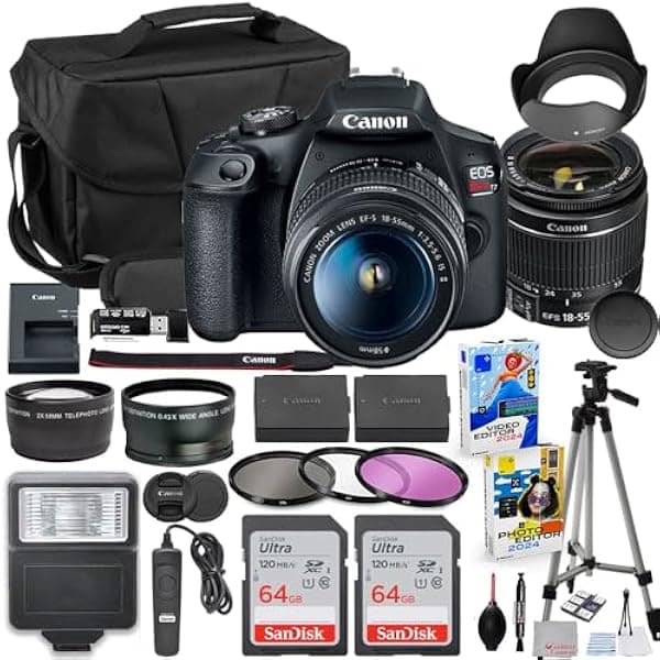 Canon EOS Rebel T7 Cámara DSLR 18-55mm + Batería Extra + 2x64GB + Accesorios: Bolso, Flash, Control, Lentes Aux, Software y más