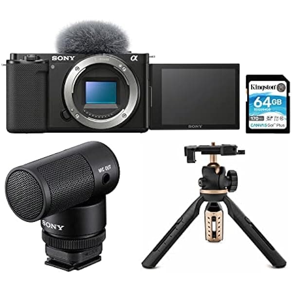 Sony Alpha ZV-E10 cámara mirrorless APS-C para vlog, cuerpo negro, micrófono shotgun, trípode extensible con soporte móvil y tarjeta de memoria