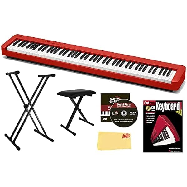 Casio CDP-S160 piano digital compacto 88 teclas rojo - paquete con soporte ajustable, banco, libro, lecciones en línea, DVD Austin Bazaar y paño