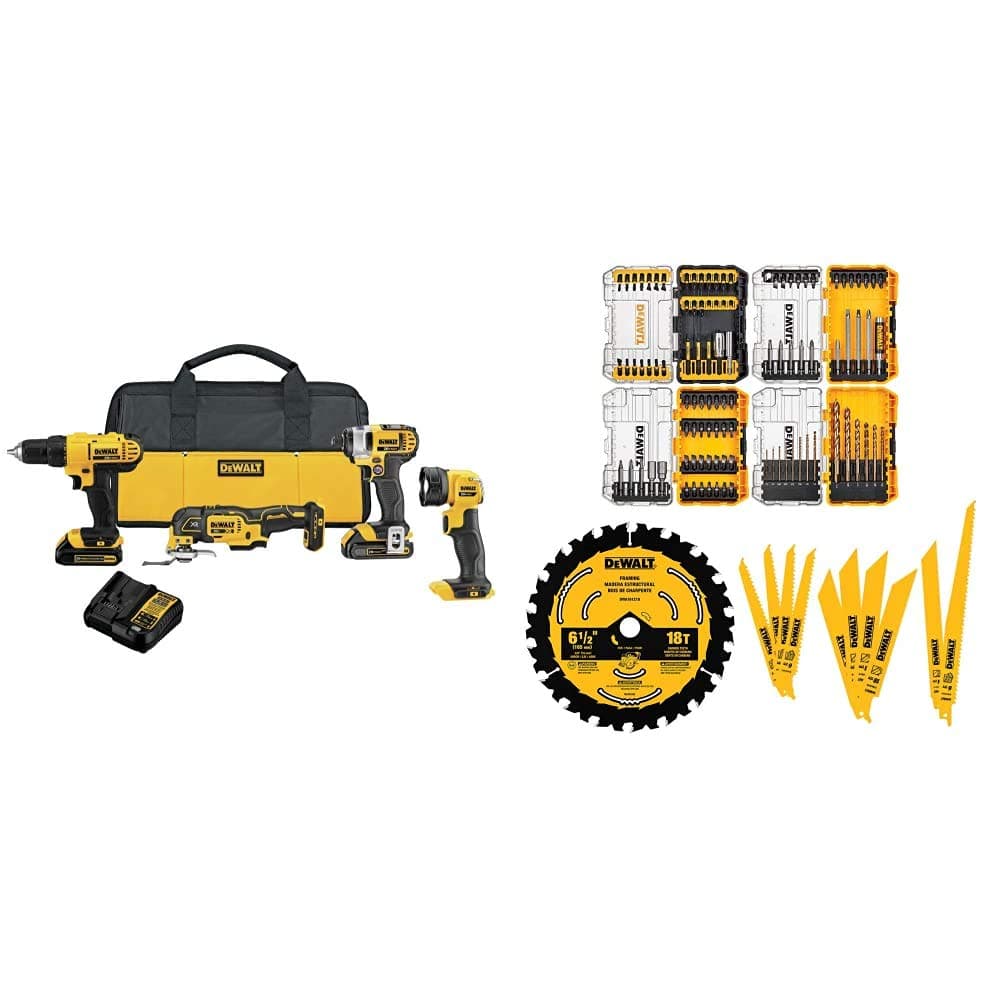 DEWALT 20V MAX DCK444C2 Kit Taladro Combinado Inalámbrico 4 Herramientas + Set Maestro 111 Pzs (Incluye DWA123AMQ4)