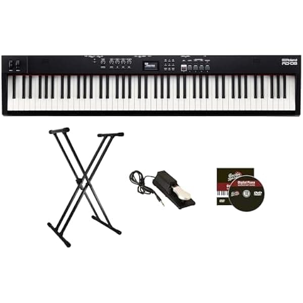 Roland RD-08 piano de escenario 88 teclas negro, bundle con soporte ajustable, pedal sustain, clases en línea y DVD Austin Bazaar