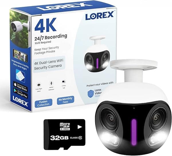 Lorex Cámara de Seguridad WiFi Dual-Lente 4K para Interior/Exterior con Iluminación Inteligente, 32GB (Blanco) W891UAD-E