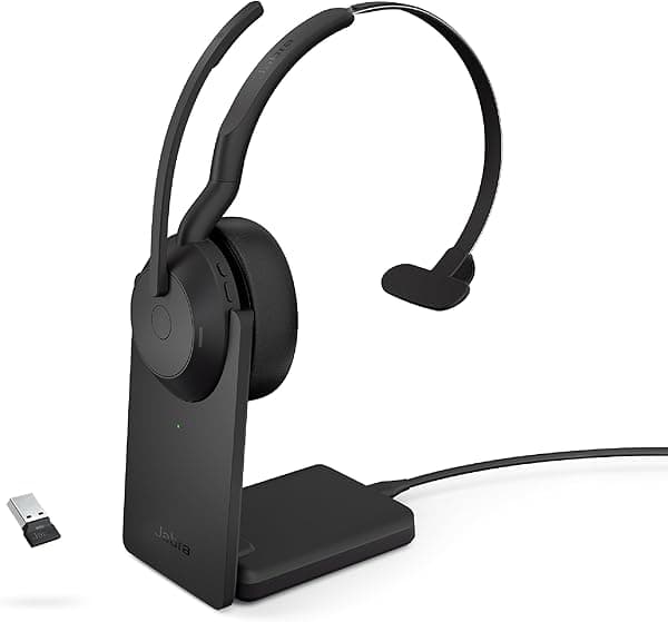 Jabra Evolve2 55 Mono Auricular Inalámbrico con Base de Carga Tecnología AirComfort, Micrófonos con Cancelación de Ruido y Cancelación Activa - Compatible con Plataformas UC como Zoom y Google Meet - Negro 25599-889-989-01