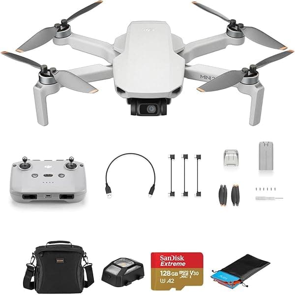 DJI Mini 2 SE Drone Bundle con tarjeta microSD de 128 GB, bolso de hombro, luz anticolisión, plataforma de aterrizaje