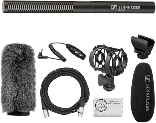 Sennheiser Micrófono shotgun MKE 600 incluye soporte antivibración universal + protector antiviento para micrófonos shotgun + cable de micrófono XLR de 20 pies + paño de limpieza (5 artículos) 505453
