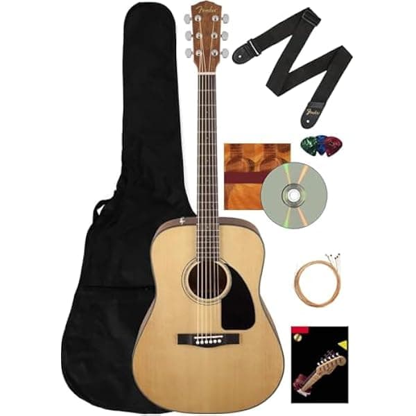 Fender Guitarra acústica CD-60 Dreadnought - Paquete natural con estuche, correa, cuerdas, púas, libro de instrucciones y DVD instructivo de Austin Bazaar 961704021