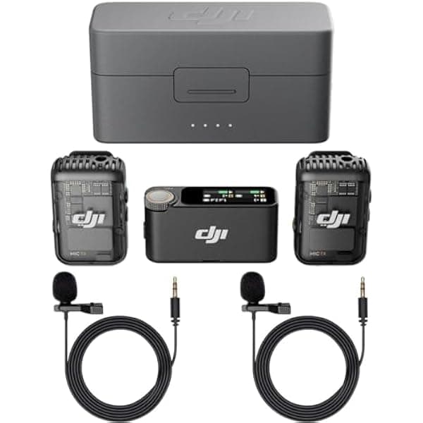 DJI Mic 2 (2 TX + 1 RX + estuche de carga), micrófono inalámbrico todo en uno, cancelación de ruido inteligente, para iPhone, Android, paquete de cámara con, 2 torniquetes de condensador