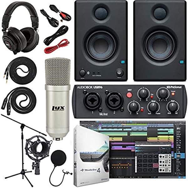 PreSonus AudioBox 96 interfaz de audio (puede variar azul o negro) Kit completo con paquete de software Studio One Artist con monitores Bluetooth Eris 4.5 BT Pair Studio, micrófono de condensador, cables de 1/4 pulgadas