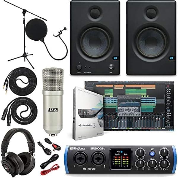 PreSonus Studio 24c 2x2 USB Type-C Audio/Interfaz MIDI con Eris 3.5 pares de monitores de estudio, micrófono de estudio y paquete de grabación LyxPro