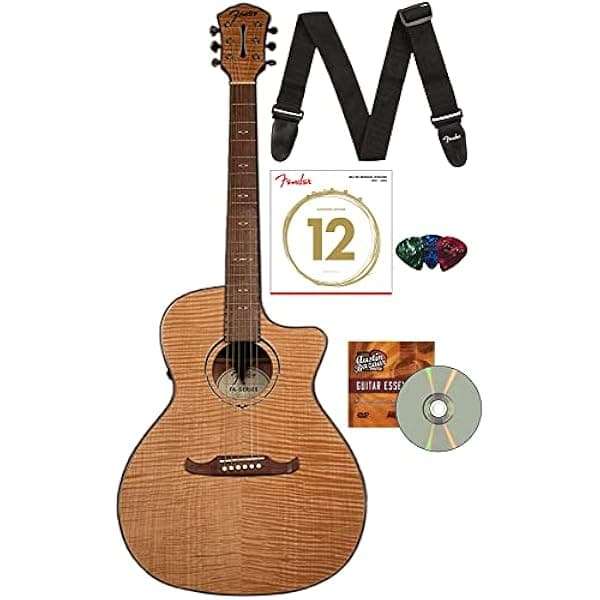 Fender FA-345CE Flame Maple Top Auditorium - Guitarra electroacústica, bundle natural con cuerdas, correa, púas y DVD instructivo de Austin Bazaar FEN-0971343021-COMBO-STD