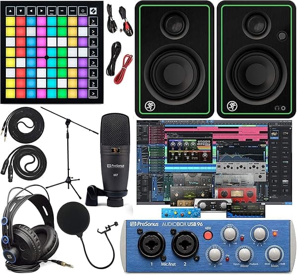 PreSonus AudioBox 96 - Kit completo de estudio con interfaz de audio Studio One Artist Software Pack con controlador de rejilla Novation Launchpad X para Ableton Live, CR3-X par monitores de estudio y cable de instrumentos de 1/4 pulgadas