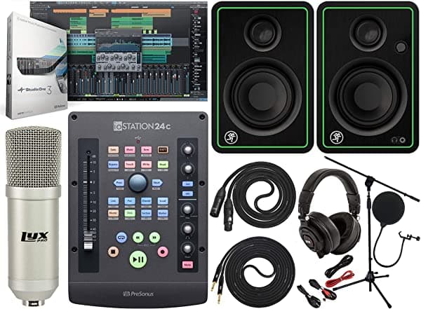 PreSonus ioStation 24c 2x2 USB-C Interfaz de audio y controlador de producción con Mackie CR4-X BT Par de monitores Bluetooth de estudio de 2 vías y kit de micrófono profesional