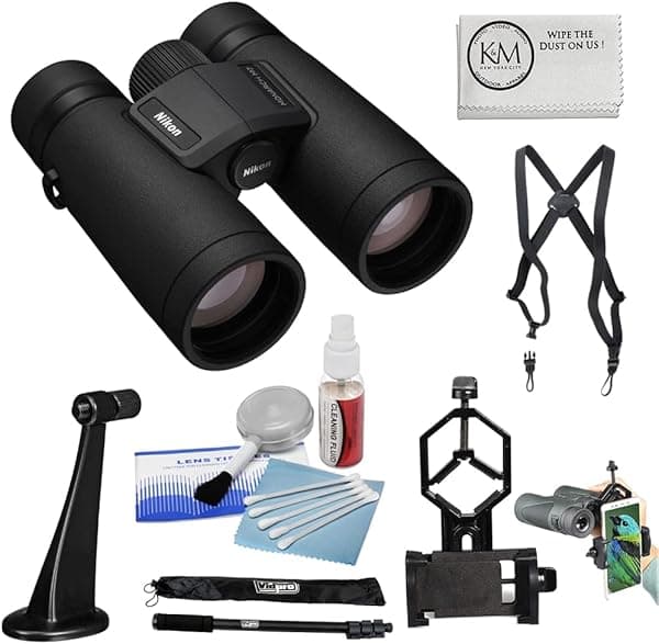 Nikon Paquete de binoculares Monarch M7 de 8 x 42 con arnés para binoculares + adaptador de celular a binocular + adaptador de binocular a trípode + monopié con estuche + paño de microfibra + kit de limpieza de lentes (7 artículos) BNIK16765-003X