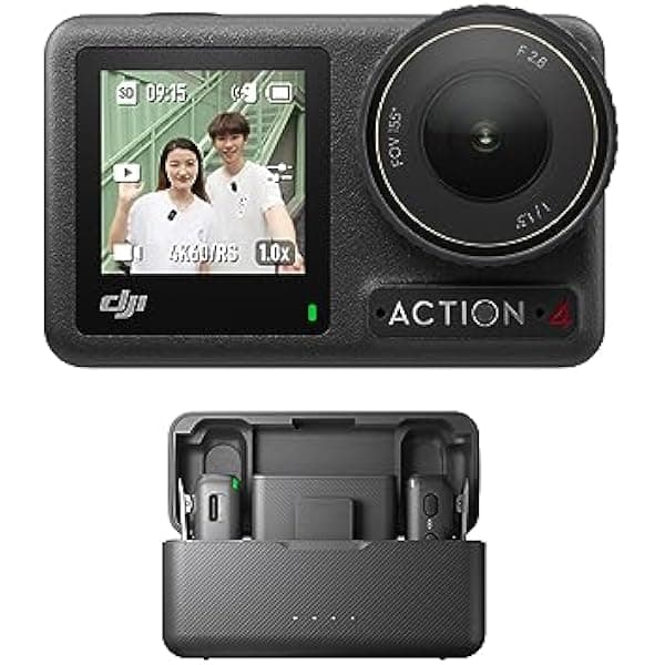 DJI Osmo Action 4 + Mic (2 TX+1 RX+estuche de carga) - Cámara de vlogging con sensor de 1/1.3 pulgadas, 360º HorizonSteady, el micrófono tiene un perfil sónico claro, protección antiviento, adecuado