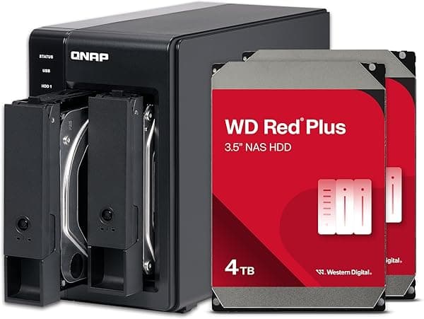 QNAP DAS de 2 bahías con capacidad de almacenamiento de 4 TB, USB 3.2 Gen 2 Tipo-C, RAID preconfigurado 1 WD Red Plus HDD Bundle (TR-002-24W-US)