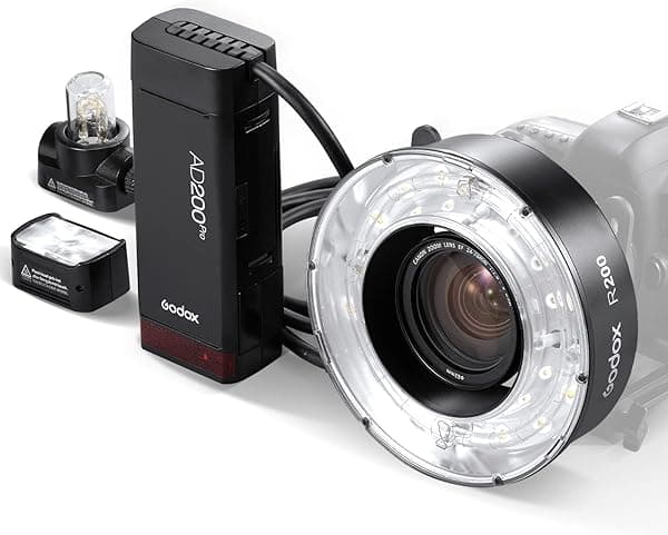 GODOX AD200 Pro AD200Pro 200Ws 1/8000 HSS Flash Strobe con cabezal de flash de anillo R200, 2.4G 500 flash de potencia completa, 0.01-1.8s Reciclaje, batería de 2900mAh Z052