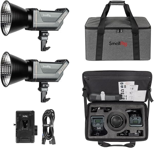 SmallRig RC 220D 2-Pack Kit de luz de video LED 98700 LUX @3.3ft 5600K Luz de salida continua con TLCI 96+ CRI 95+, 9 efectos de iluminación, placa de batería de montaje en V, control de aplicaciones, luz de estudio profesional 4009