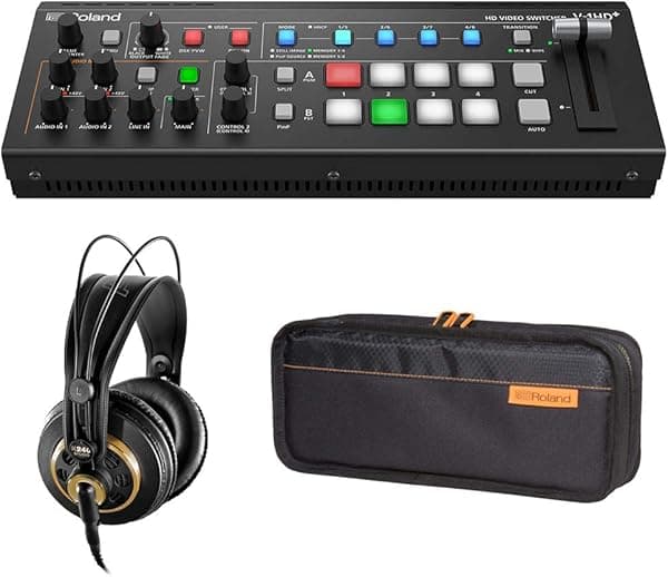 Roland V-1HD+ Compact 4 x HDMI Video Switcher Bundle con bolsa de transporte Roland CB-BV1 y auriculares AKG K240 Pro