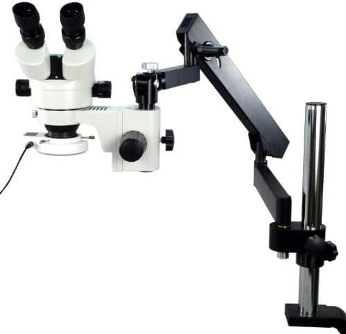 OMAX Microscopio estéreo binocular del brazo articulado del zoom 7X-45X con el poste vertical y la luz del anillo de 54 LED W42CF1-L54P