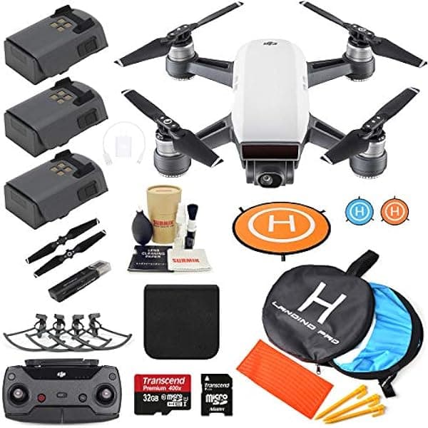 DJI Spark Drone Quadcopter (blanco alpino) con 3 baterías, kit de cardán para cámara con accesorios imprescindibles SPK3B