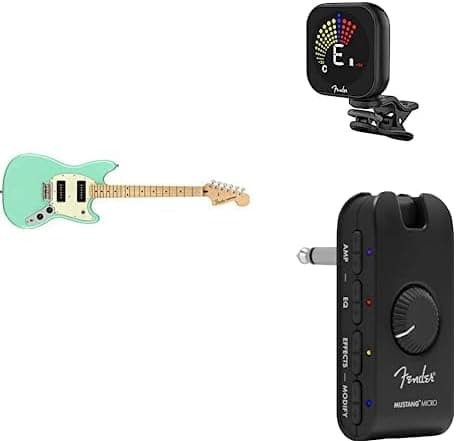 Fender Player 90 Mustang - Guitarra eléctrica, color verde espuma marina + micro amplificador Mustang + sintonizador recargable Flash 2.0
