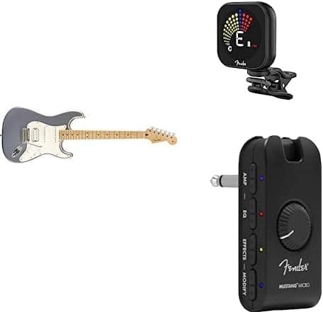 Fender Player Stratocaster HSS - Guitarra eléctrica, diapasón de arce + microamplificador Mustang + sintonizador recargable Flash 2.0