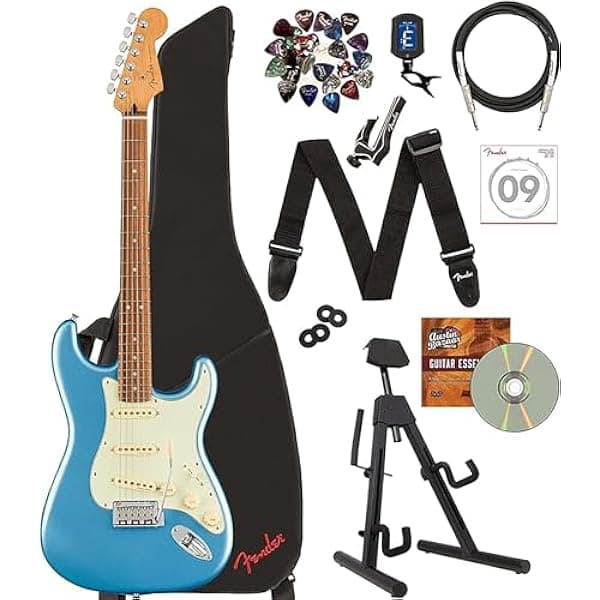 Fender Player Plus Stratocaster - Paquete Opal Spark con estuche, soporte, cable, afinador, cejilla, cuerdas, correa, bloques de correa, púas y DVD instructivo de Austin Bazaar AUS-0147313395-COMBO-DLX