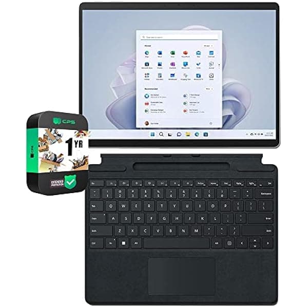 Microsoft QEZ00001 Surface Pro 9 Tableta táctil de 13 pulgadas, Intel i5, 8 GB/256 GB, teclado mecánico Platinum Bundle Surface Pro Signature, negro y paquete de protección mejorada CPS de 1 año E90MSQEZ00001