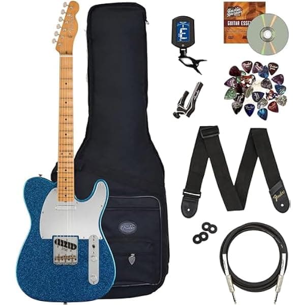 Fender J Mascis Telecaster - Bottle Rocket Blue Flake, paquete con funda acolchada, correa, afinador, cejilla, cable de instrumento, lecciones en línea de Fender Play, trabacorreas, púas y DVD AUS-0140262326-COMBO-STD