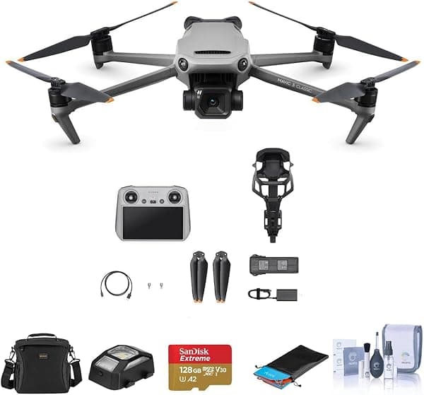 DJI Mavic 3 Classic Drone con controlador RC con tarjeta microSD de 128 GB, bolso de hombro, luz anticolisión, plataforma de aterrizaje, kit de limpieza