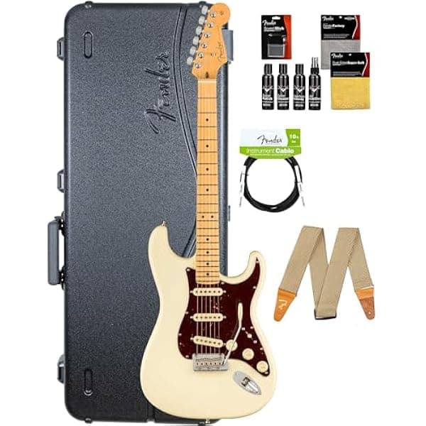 Fender American Professional II Stratocaster Guitarra Electrica Olympic White Cuerpo Aliso Diapason Maple SSS V-Mod II Tremolo 2-Point + Estuche Rigido, Correa, Cable y Kit de Limpieza AUS-0113902705-COMBO-STD