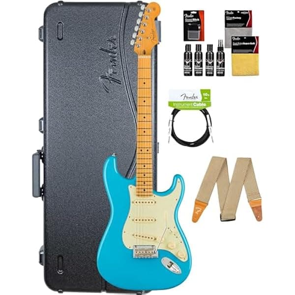 Fender American Professional II Stratocaster Guitarra Electrica USA Miami Blue Diapason Maple SSS V-Mod II Tremolo 2 Puntos + Estuche, Correa, Cable y Kit de Limpieza AUS-0113902719-COMBO-STD
