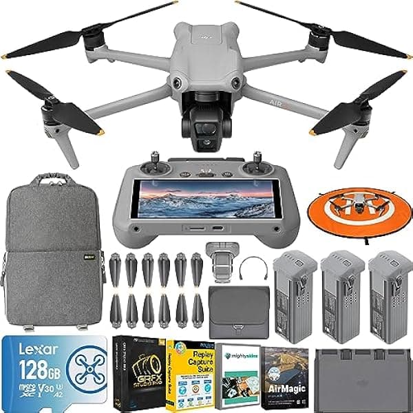 DJI Air 3 Drone Quadcopter con control remoto RC 2 (con pantalla) Fly More Combo Medium Tele y cámaras primarias dobles gran angular, detección de obstáculos, 48MP, 4K/60fps, paquete de 3 baterías con E1DJIAIR3FMRC2
