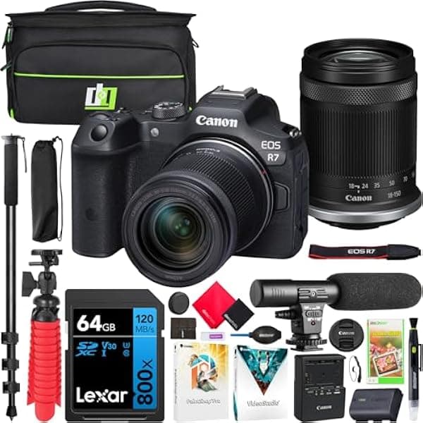 Canon EOS R7 Cámara sin espejo (cuerpo) con lente RF-S 18-150mm F3.5-6.3 IS STM 5137C009, paquete con bolso de fotografía Deco Gear + micrófono + monópode + software y kit de accesorios E4CNEOSR718150