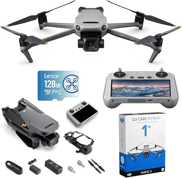 DJI Mavic 3 Classic Drone 4/3 CMOS Hasselblad Cámara Quadcopter con control remoto inteligente RC Bundle con DJI Care Refresh Plan 1-Yr Plan para Mavic 3 y Lexar 128 GB FLY microSDXC tarjeta de E21DJIMAV3CLASRC