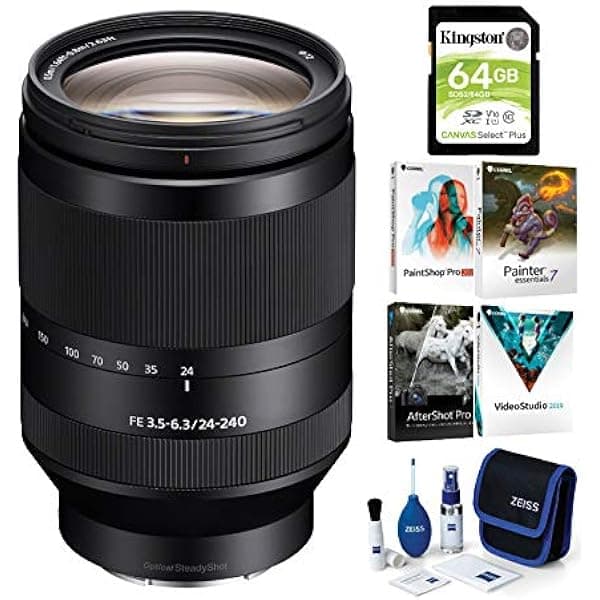 Sony FE 0.945-9.449 in f/3.5-6.3 OSS Full Frame E-Mount Teleobjetivo zoom paquete con paquete de software y accesorios (4 artículos) FE 24-240mm