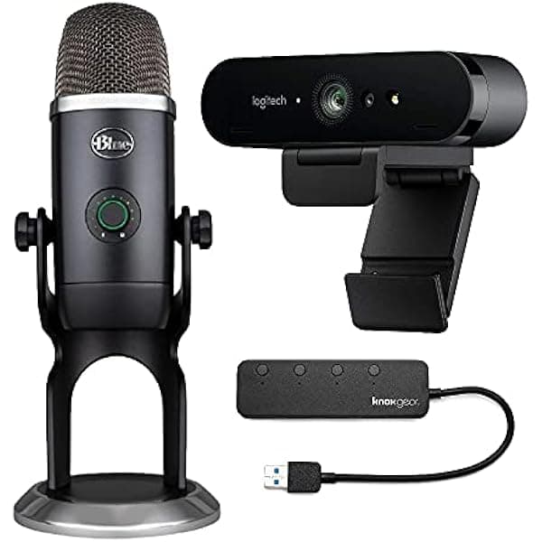 Paquete de micrófono Blue Yeti-X (gris oscuro) con cámara web Brio Ultra HD y concentrador USB de 4 puertos (3 artículos)