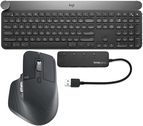 Logitech Craft - Teclado inalámbrico avanzado con dial de entrada creativa con mouse inalámbrico avanzado Logitech MX Master 3 y Knox Gear 4 puertos USB 3.0 Hub Bundle (3 artículos) 920-008484_K2