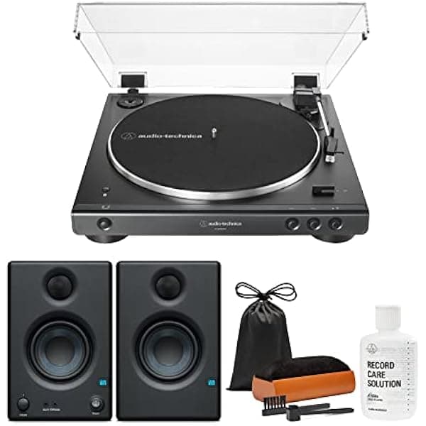 Audio-Technica AT-LP60XBT Bluetooth Juego de tocadiscos estéreo totalmente automático con monitores Bluetooth PreSonus Eris 3.5BT y kit de limpieza (4 artículos) AT-LP60XBT-BK_K9