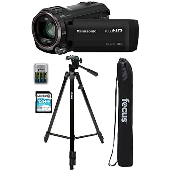 Panasonic HC-V785K Full HD Videocámara con zoom óptico de 20x con soporte de trípode con bolsa y baterías recargables, y tarjeta de memoria de 128 GB (3 artículos) FC-59TR-4AAA-CC_K4