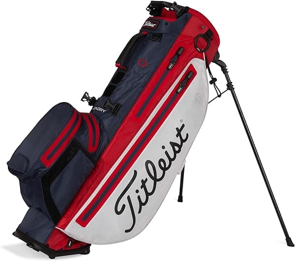 Titleist Players 4 StaDry Bolsa de Golf Impermeable con Soporte, Correa, Funda Térmica para Bebidas, Bolsillo para Ropa y Bolsillo para Tees, Blanco/Azul Marino/Rojo 2021 Players 4 Plus StaDry