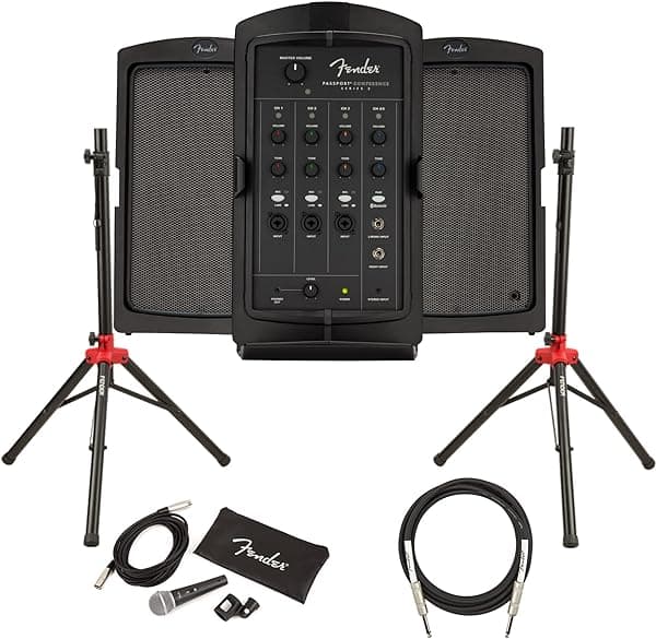 Fender Passport Conference S2 Paquete de Sistema de Sonido Portátil con Micrófono, Soportes Compactos para Parlantes, Cable XLR y Cable para Instrumento Conference Bundle w/ Fender Microphone