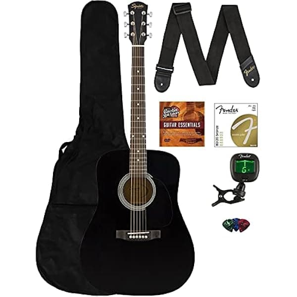 Fender Squier Dreadnought Guitarra Acústica - Paquete Negro con Funda, Afinador, Correa, Cuerdas, Púas y DVD Instructivo de Austin Bazaar AUS-0961090006-COMBO-DLX