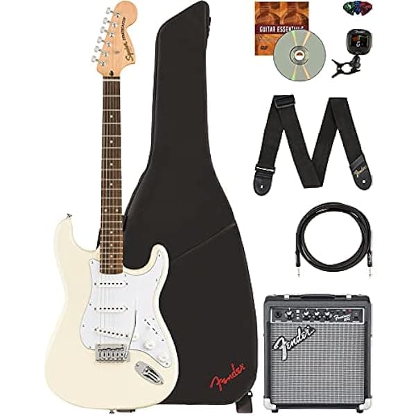 Fender Squier Affinity Stratocaster Edición Limitada - Olympic White Paquete con Amplificador Frontman 10G, Funda, Cable para Instrumento, Afinador, Correa, Púas y DVD Instructivo de Austin Bazaar 378108565