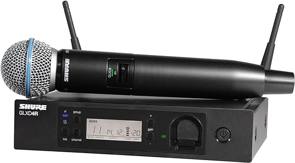 Shure GLXD24R/B58 Sistema de Micrófono con Receptor de Montaje en Rack GLXD4R y Transmisor de Mano GLXD2 con Cápsula de Micrófono Vocal BETA58A GLXD24R/B58-Z2