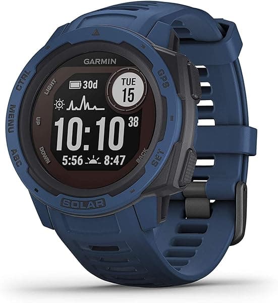 Garmin Instinct Solar, Reloj Inteligente para Exteriores Resistente con Capacidad de Carga Solar, Aplicaciones Deportivas Integradas y Monitoreo de Salud, Azul Oscuro 010-02293-11