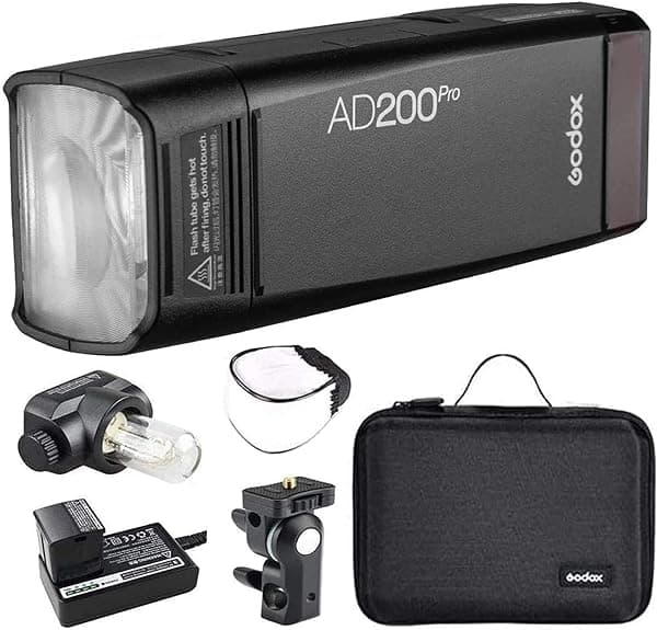Godox AD200Pro Flash Compacto de Bolsillo, 200Ws Estroboscopio Monoluz 2.4G, Speedlite Externo TTL 1/8000 HSS, Cabeza de Flash de Bombilla Desnuda con Batería de Litio de 2900mAh Ligero y Compacto WSH-AD200PRO